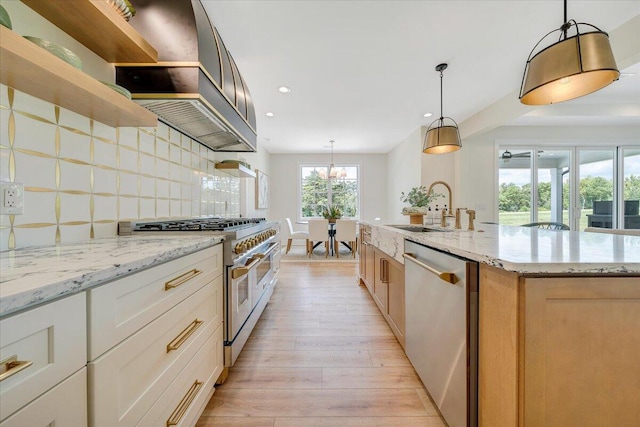 kitchen featuring light wood-type flooring, a sink, open shelves, tasteful backsplash, and stainless steel appliances