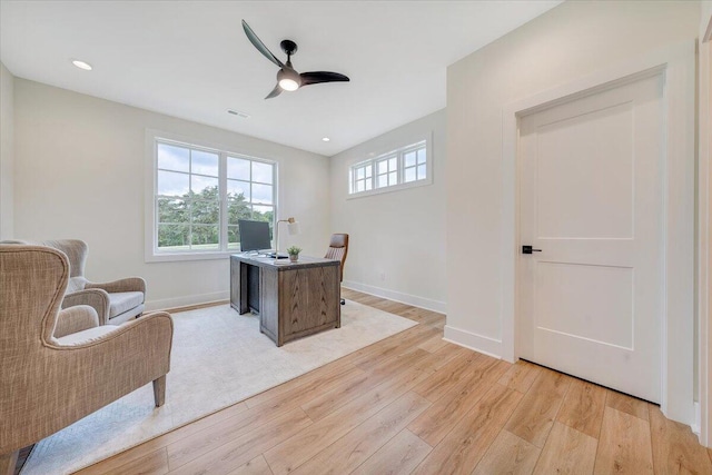 office with visible vents, recessed lighting, light wood finished floors, baseboards, and ceiling fan