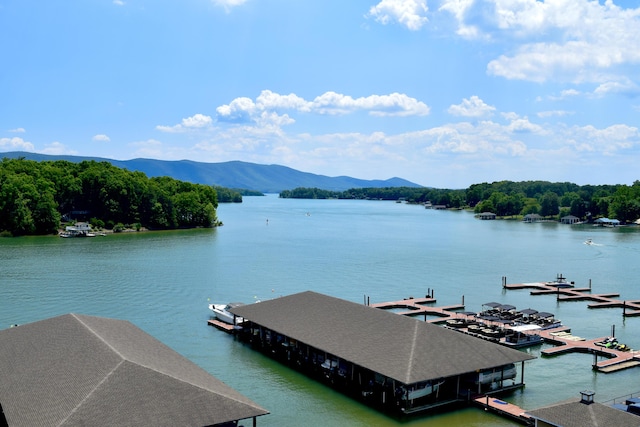 view of dock featuring a water and mountain view