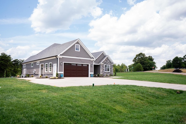 craftsman inspired home featuring stone siding, driveway, and a front yard