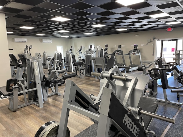 gym with a wall mounted air conditioner, a drop ceiling, and wood finished floors