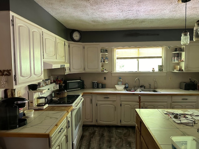 kitchen featuring sink, white range with electric stovetop, tile counters, ventilation hood, and dark hardwood / wood-style flooring