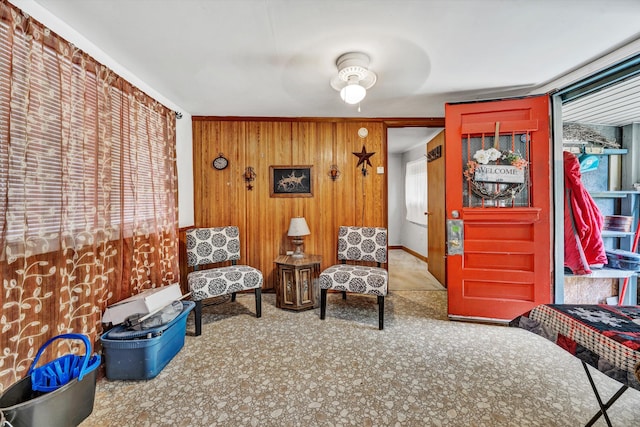 sitting room with wooden walls