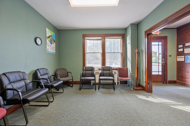 living area featuring carpet flooring, ornamental molding, and plenty of natural light