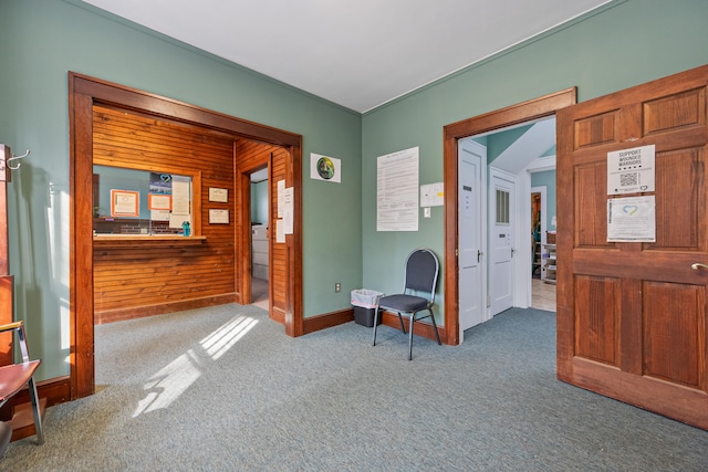 living area with wood walls and carpet