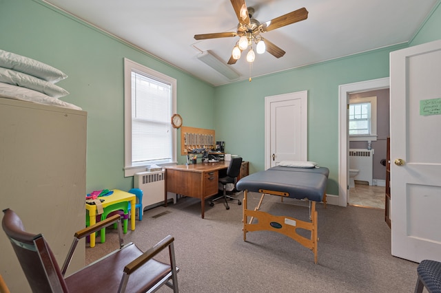 game room with radiator, a healthy amount of sunlight, ceiling fan, and tile patterned flooring