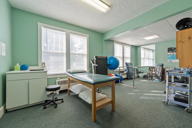 office space featuring a textured ceiling, radiator, carpet flooring, and a wealth of natural light