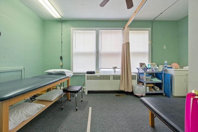 office space with radiator heating unit, carpet flooring, a wealth of natural light, and ceiling fan