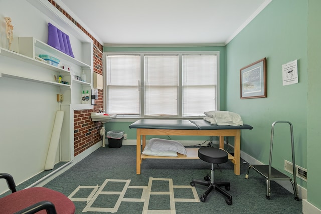 office featuring carpet flooring and ornamental molding