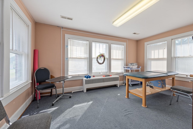 office featuring carpet floors and radiator heating unit