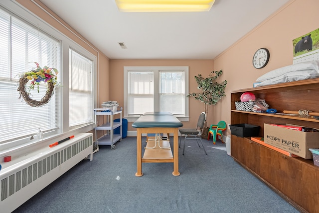 recreation room with plenty of natural light, radiator heating unit, carpet, and ornamental molding