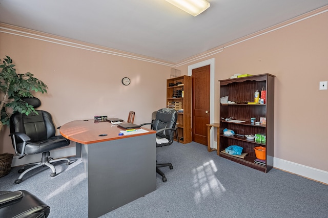 office area featuring crown molding and carpet floors