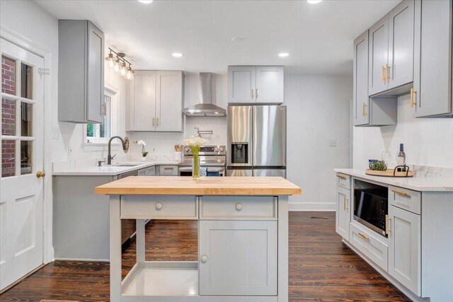 kitchen featuring wall chimney range hood, dark hardwood / wood-style floors, gray cabinets, sink, and stainless steel appliances