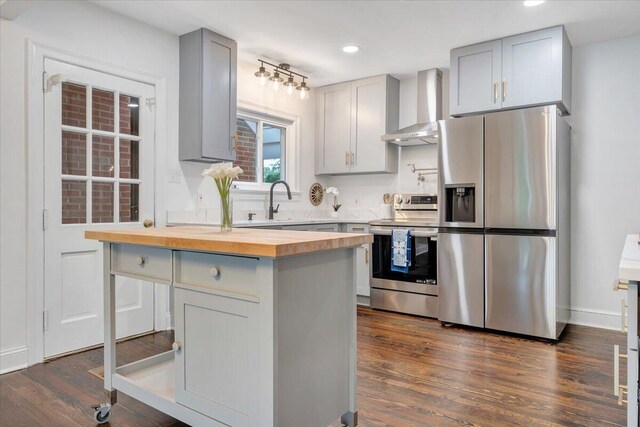 kitchen with appliances with stainless steel finishes, a center island, wall chimney range hood, and dark hardwood / wood-style flooring