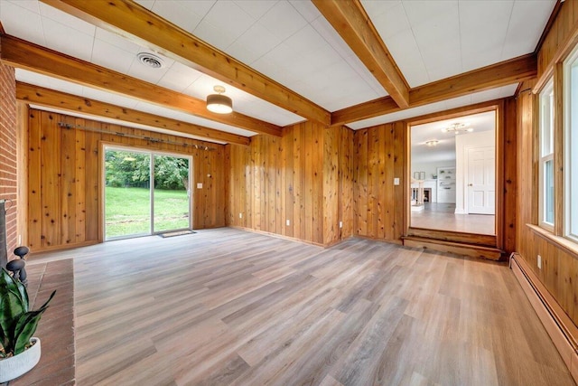 unfurnished room with wood walls, beam ceiling, light hardwood / wood-style floors, and baseboard heating