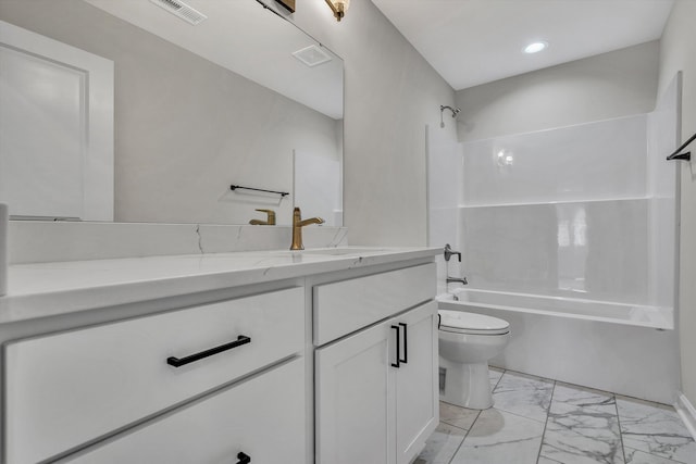 2240 Foxfield Ln, Salem, VA 24153 - bathroom featuring toilet, bathtub / shower combination, vanity, marble finish flooring, and recessed lighting