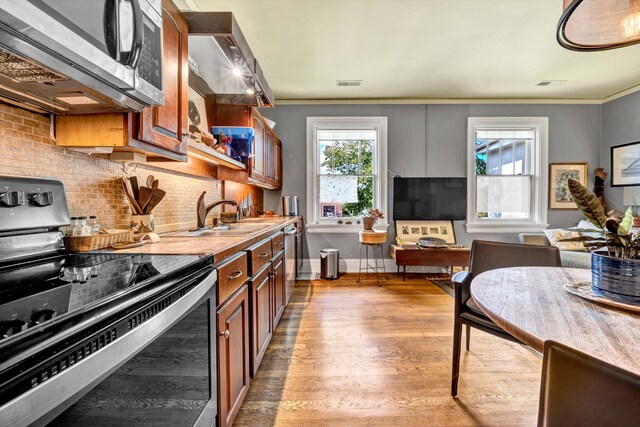 kitchen with sink, light wood-type flooring, decorative backsplash, crown molding, and stainless steel appliances