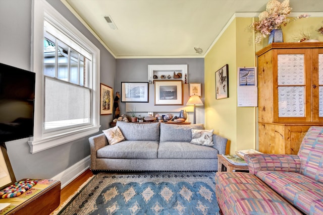 living room featuring hardwood / wood-style floors and ornamental molding