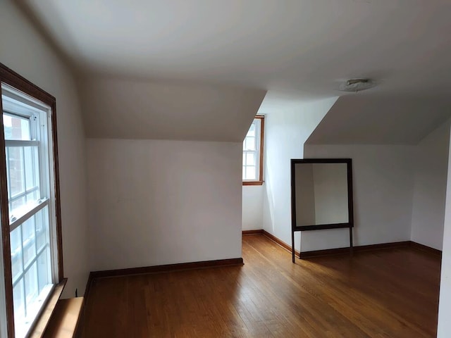 additional living space with wood-type flooring and vaulted ceiling