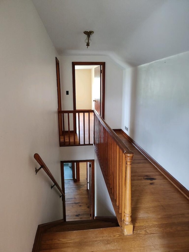 stairway with hardwood / wood-style floors