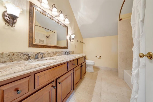 full bathroom featuring toilet, vaulted ceiling, vanity, shower / bathtub combination with curtain, and tile patterned flooring