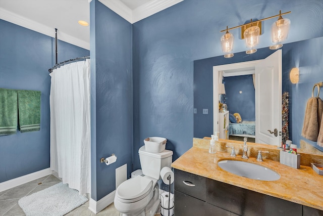 bathroom with vanity, toilet, ornamental molding, and tile patterned flooring