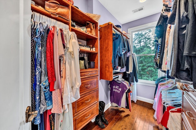 spacious closet featuring dark hardwood / wood-style flooring