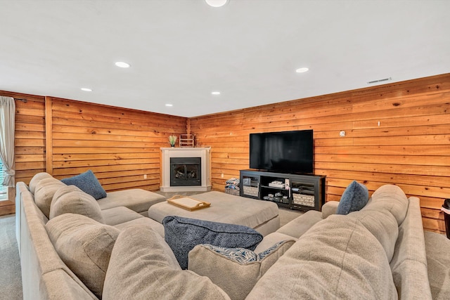 living room featuring wooden walls