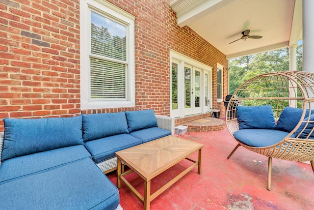 view of patio with ceiling fan, an outdoor hangout area, and french doors