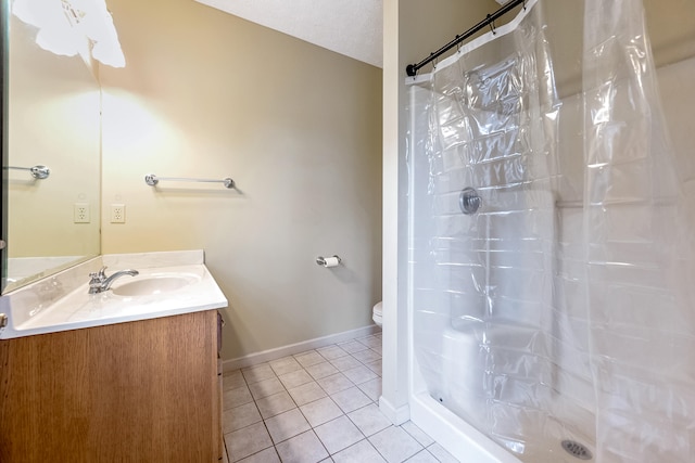 bathroom with tile patterned floors, a textured ceiling, vanity, toilet, and a shower with curtain