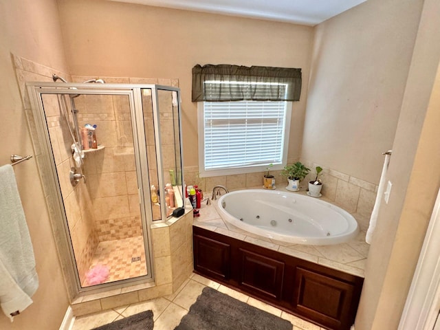 bathroom featuring plus walk in shower and tile patterned floors