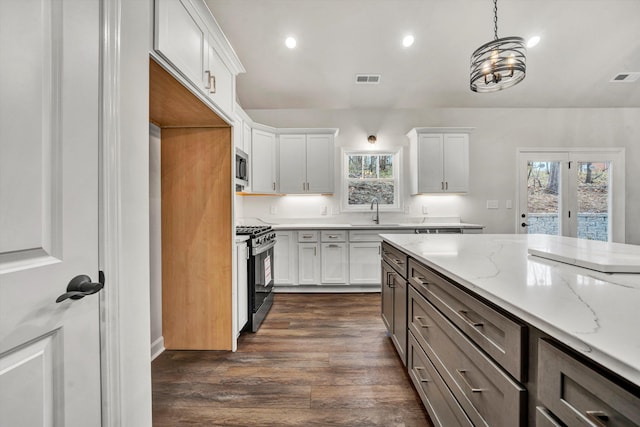 kitchen with dark hardwood / wood-style floors, light stone countertops, white cabinetry, and appliances with stainless steel finishes