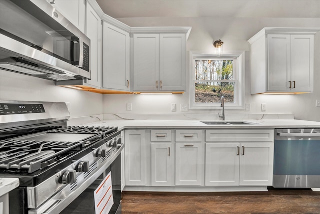 kitchen featuring sink, white cabinets, stainless steel appliances, and dark hardwood / wood-style floors