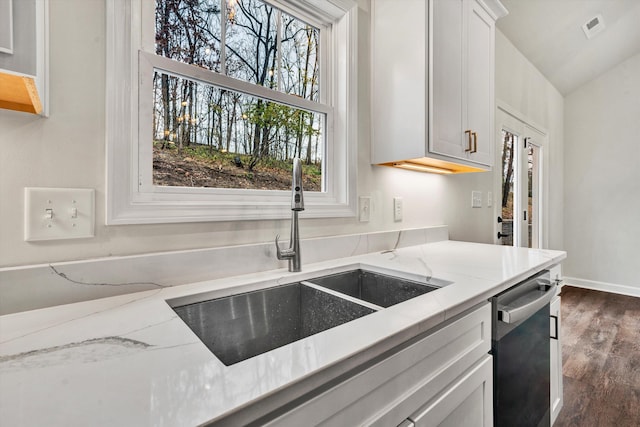 kitchen with light stone countertops, dark wood-type flooring, stainless steel dishwasher, and a healthy amount of sunlight