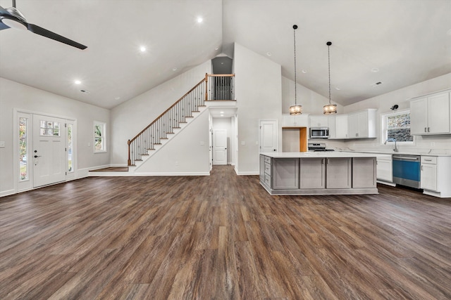 kitchen featuring white cabinetry, a center island, dark hardwood / wood-style floors, and appliances with stainless steel finishes