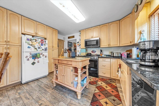 kitchen featuring black appliances, light brown cabinets, open shelves, backsplash, and light wood-style floors