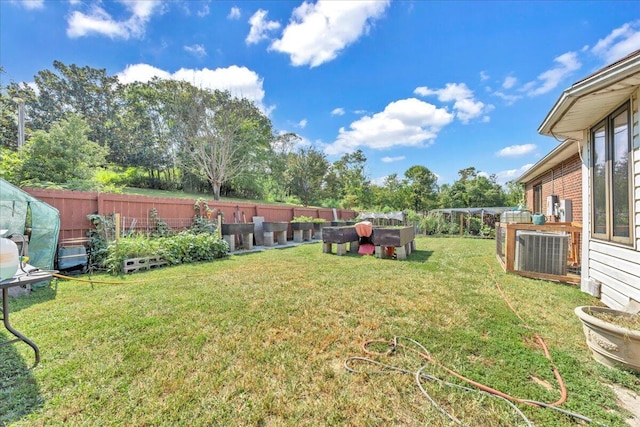 view of yard featuring central AC unit and a fenced backyard