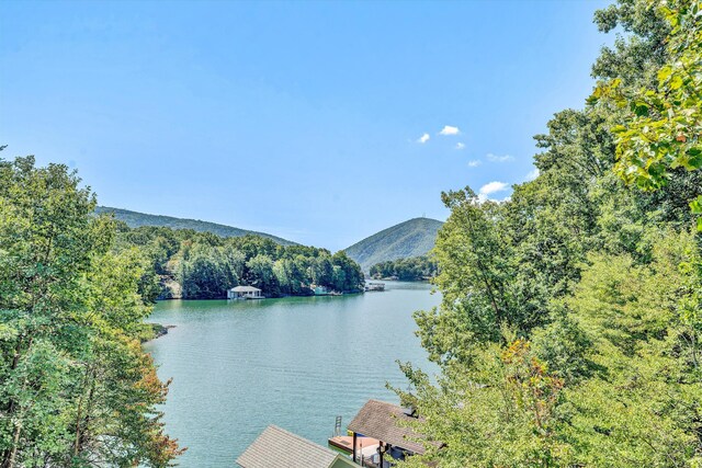 view of water feature with a mountain view and a boat dock