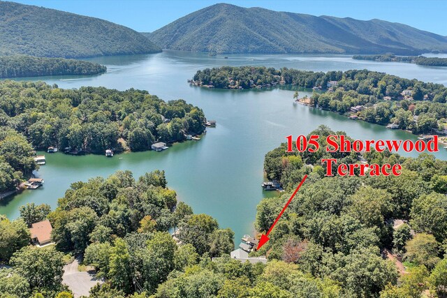 birds eye view of property with a water and mountain view