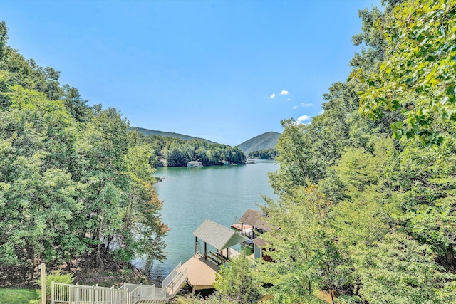 property view of water with a dock and a wooded view