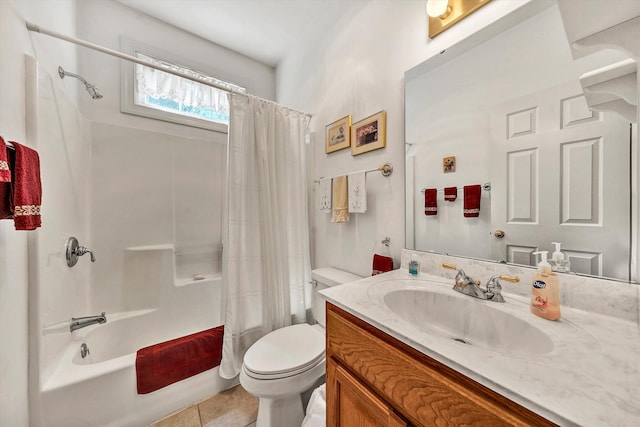 full bathroom featuring vanity, shower / tub combo, toilet, and tile patterned floors