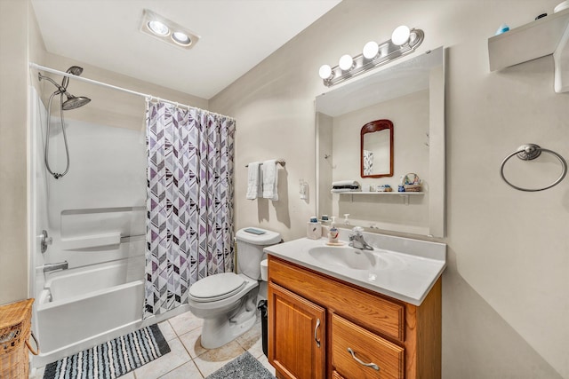 full bathroom featuring shower / tub combo, tile patterned flooring, vanity, and toilet