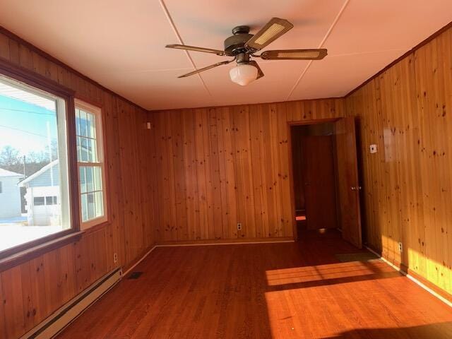 spare room with wood walls, dark hardwood / wood-style floors, and a baseboard heating unit