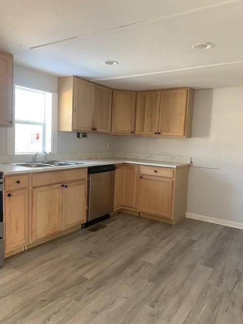 kitchen featuring light brown cabinetry, stainless steel dishwasher, light hardwood / wood-style flooring, and sink