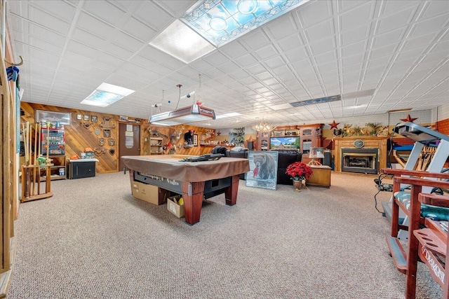 game room with billiards, carpet floors, and wood walls