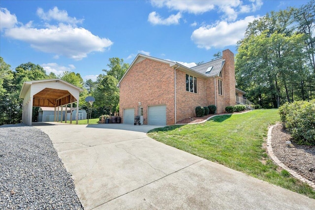 view of side of home featuring a storage shed, a garage, a lawn, and a carport