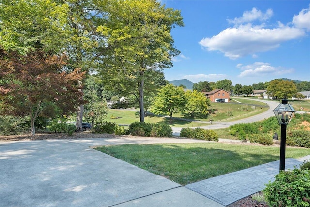 view of property's community featuring a yard and a mountain view