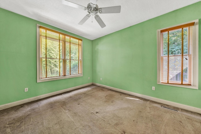 unfurnished room with carpet flooring, ceiling fan, plenty of natural light, and a textured ceiling