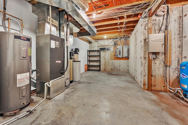 basement with electric panel, heating unit, and water heater