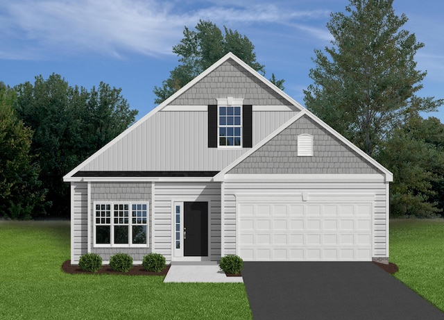 view of front facade with an attached garage, driveway, and a front lawn